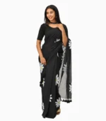 Hastkala Black & White Handpainted Pure Mulmul Saree With Running Blouse