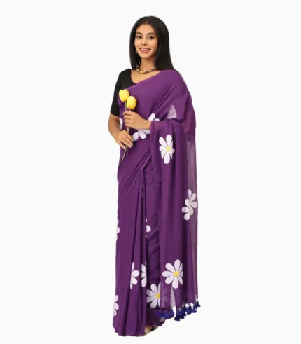 Hastkala Dark Purple Handpainted Pure Mulmul Saree With Running Blouse
