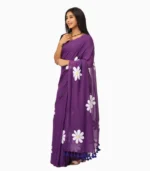 Hastkala Dark Purple Handpainted Pure Mulmul Saree With Running Blouse - Image 3