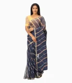 Lehari Navy Blue and Orange Lahariya Pure Kota Doriya Saree With Contrast Blouse - Image 2