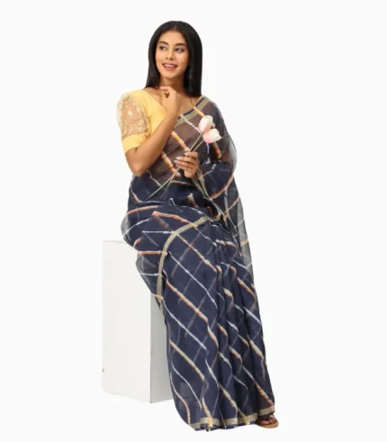 Lehari Navy Blue and Orange Lahariya Pure Kota Doriya Saree With Contrast Blouse