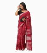 Maroon & Silver Pure Linen Block Print Saree With Running Blouse