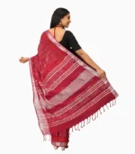 Maroon & Silver Pure Linen Block Print Saree With Running Blouse - Image 4