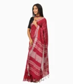 Maroon & Silver Pure Linen Block Print Saree With Running Blouse - Image 2