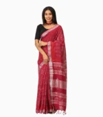 Maroon & Silver Pure Linen Block Print Saree With Running Blouse - Image 3