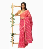 Pink & Parrot Green Lehari Kota Doriya Lahariya Saree With Contrast Blouse