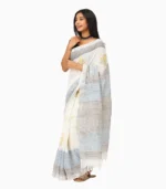 White & Yellow Pure Linen Block Print Saree With Running Blouse - Image 2