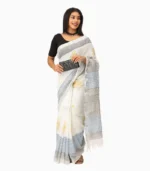 White & Yellow Pure Linen Block Print Saree With Running Blouse