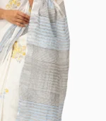 White & Yellow Pure Linen Block Print Saree With Running Blouse - Image 3